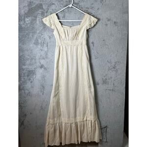 Vintage Prairie Cottagecore Lace Trim Dress Cream Empire Waist Boho Romantic SM